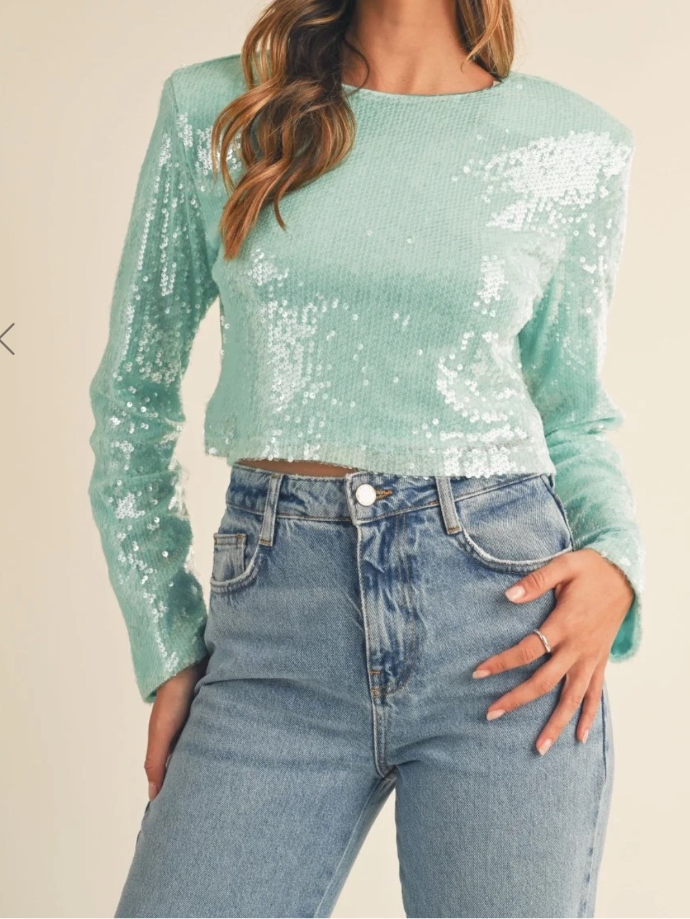 NWOT MABLE Mint Iridescent Sequin Shoulder Pad Crop Top L